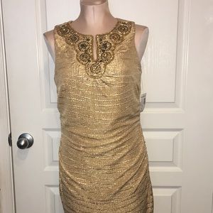 🆕💐ROZ&ALI Fitted Stretch Ruched Pencil Dress 6 Gold Beaded Sequin Embellished